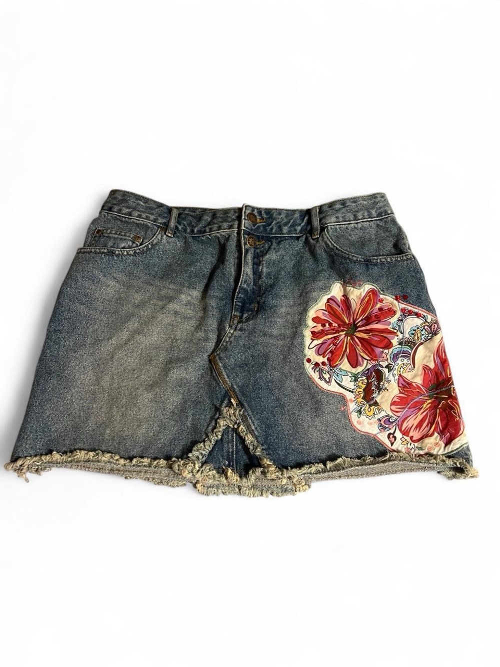 Y2K Denim Mini Skirt with Floral Patch